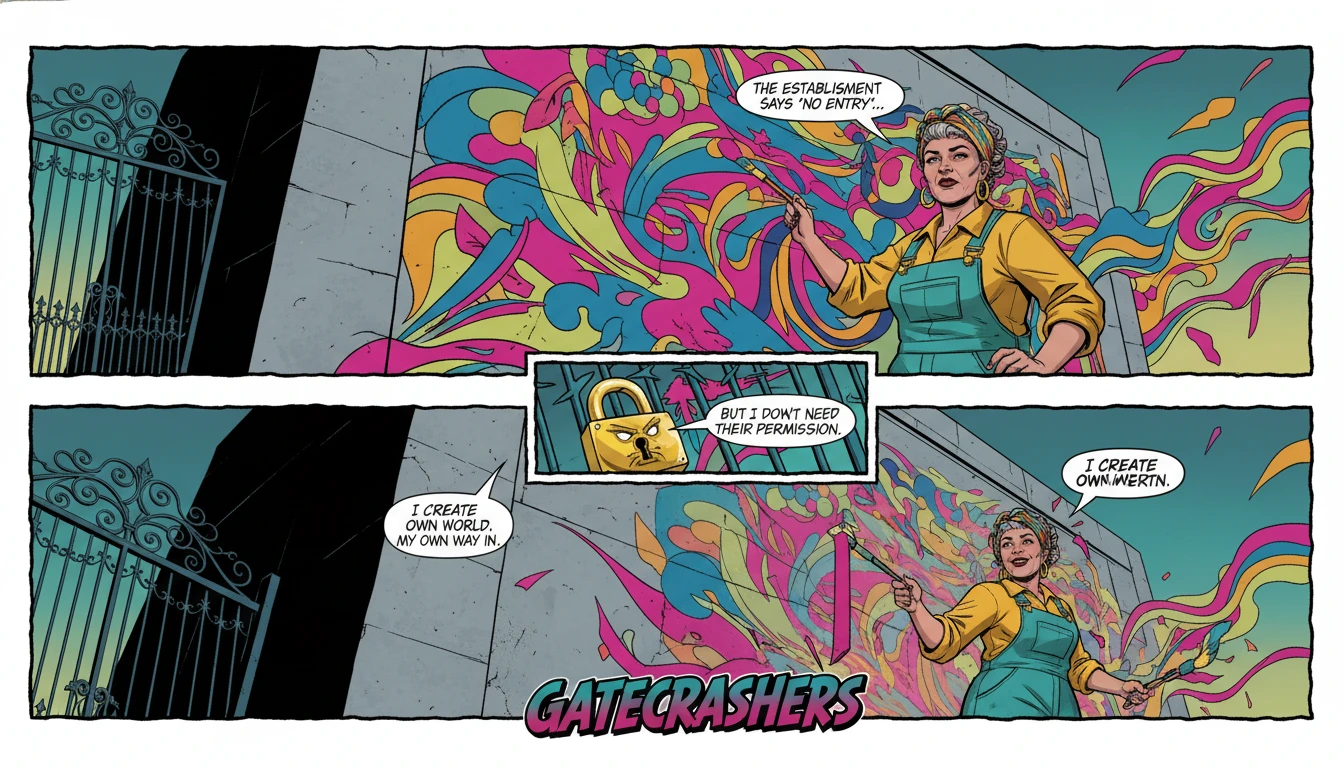 An artist bypassing a locked gallery by creating their own art, illustrating the empowering psychology of gatekeeping in communities and how to overcome professional barriers. filename: psychology-of-gatekeeping-in-communities-bestie-ai.webp