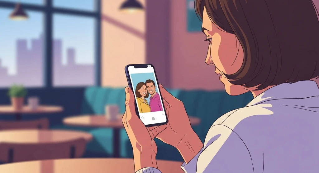 A person considers the psychology of going public with a relationship while holding a phone displaying a couple's photo, symbolizing the modern milestone of becoming 'Instagram official'. Filename: psychology-of-going-public-with-a-relationship-bestie-ai.webp