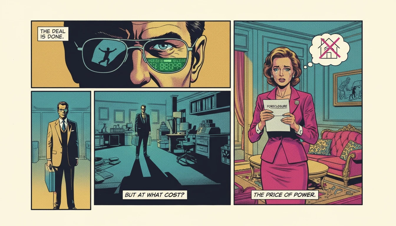 A symbolic image representing the psychology of Gordon Gekko Wall Street, showing a powerful man in shadow with a stock ticker's glow, symbolizing the dark allure of financial power. psychology-of-gordon-gekko-wall-street-bestie-ai.webp