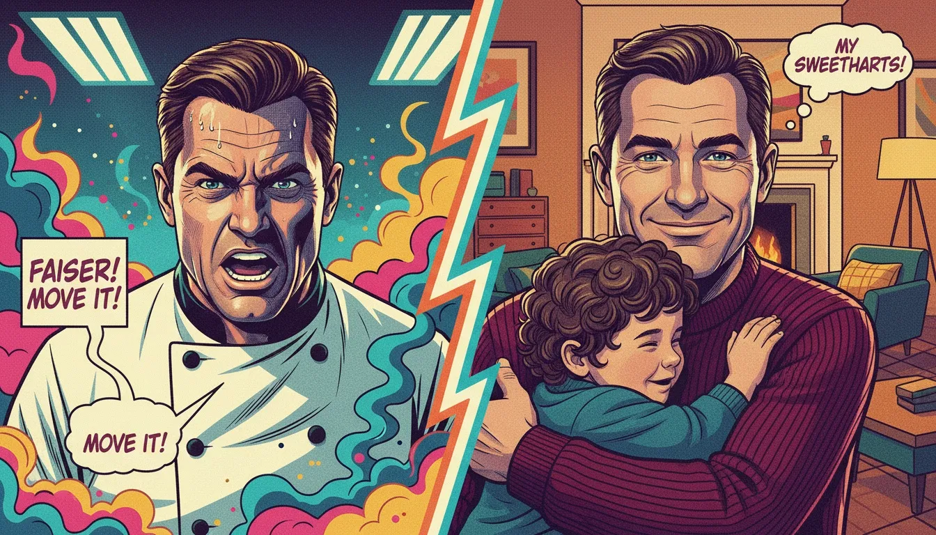 A split image illustrating the psychology of Gordon Ramsay's personality, showing his intense chef persona on one side and his calm family man persona on the other. File: psychology-of-gordon-ramsays-personality-bestie-ai.webp