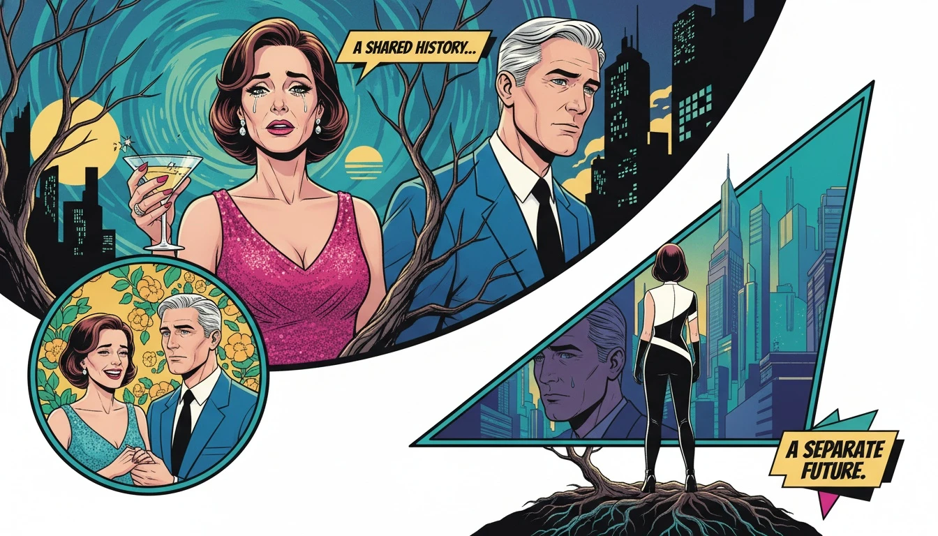 A symbolic image representing the complex psychology of grieving an ex spouse, showing a tree that is half in summer and half in autumn. Filename: psychology-of-grieving-an-ex-spouse-bestie-ai.webp