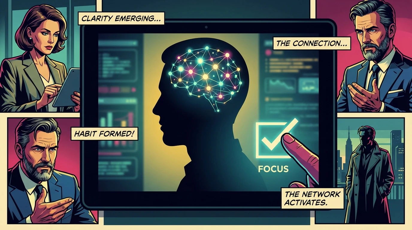 A conceptual image illustrating the psychology of habit tracking, showing a brain's neural network lighting up in response to checking a box on a minimalist tracker like a notion habit tracker. Filename: psychology-of-habit-tracking-bestie-ai.webp