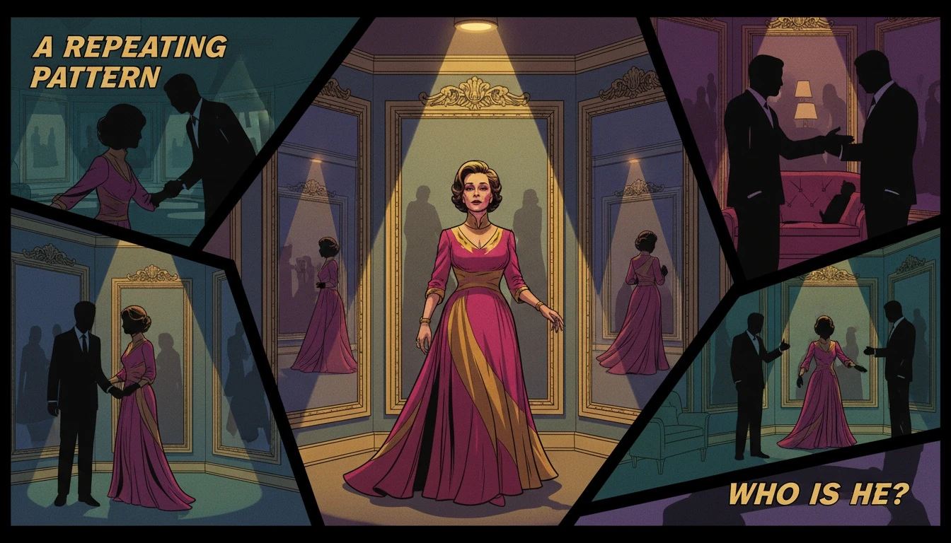 A woman reflecting on the psychology of having a dating type, seeing her past repeating relationship patterns in a hall of mirrors. psychology-of-having-a-dating-type-bestie-ai.webp