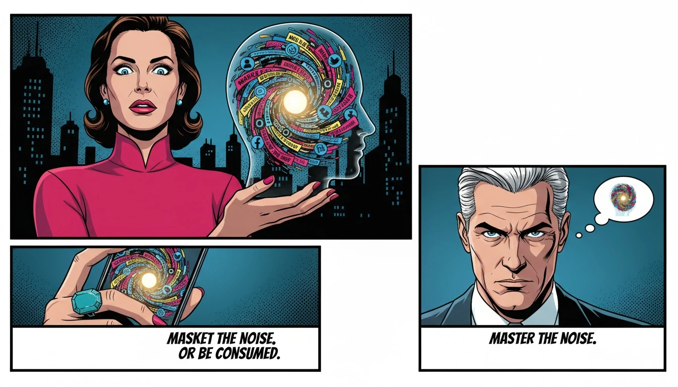 A symbolic representation of the psychology of journalistic objectivity, showing a calm center within a chaotic mind filled with news. Filename: psychology-of-journalistic-objectivity-bestie-ai.webp