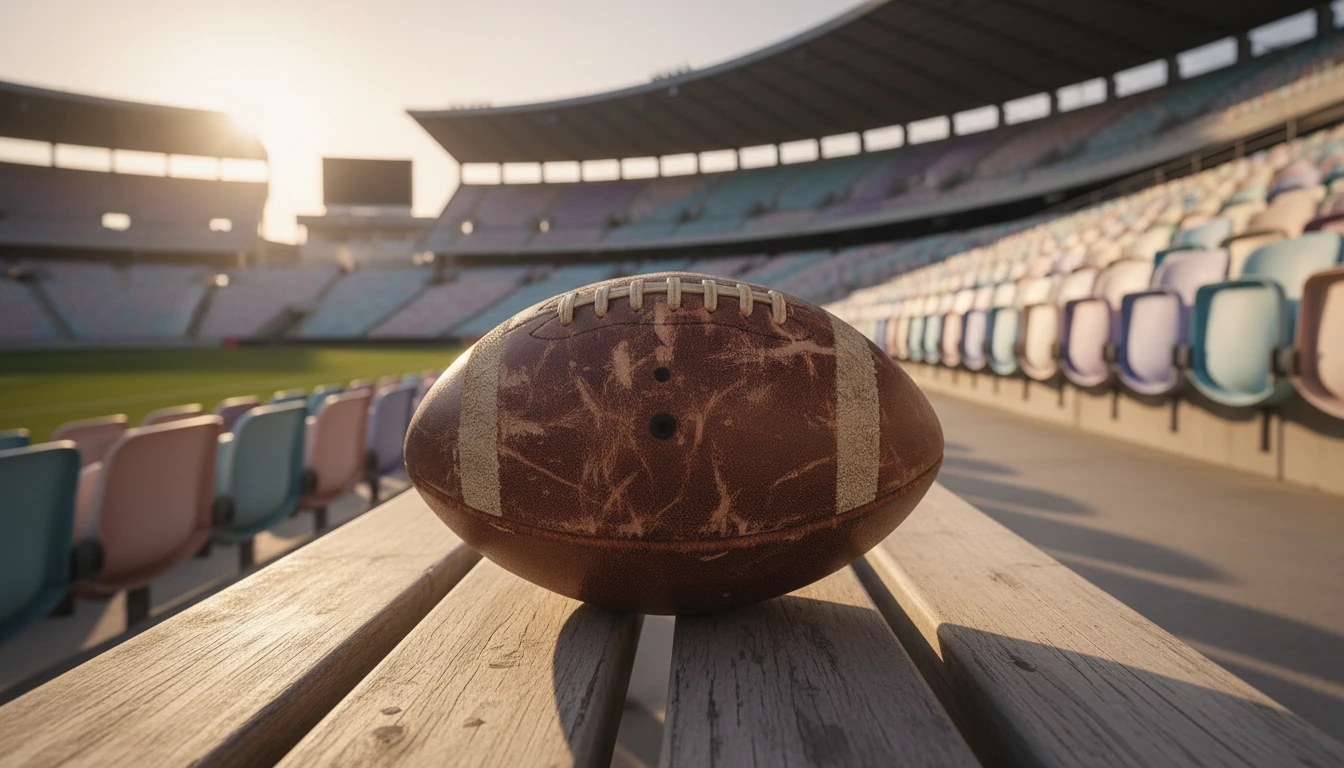 A weathered football on a stadium bench at sunset, representing the profound psychology of legacy for athletes contemplating their career's end. Filename: psychology-of-legacy-for-athletes-bestie-ai.webp