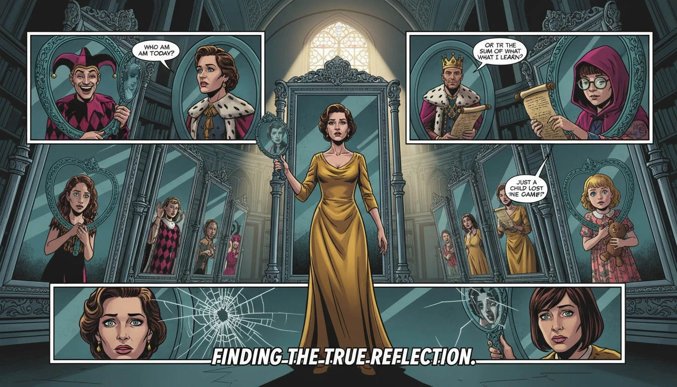 A person looking at many reflections of themselves in mirrors, symbolizing the complex psychology of MBTI type me requests and the search for a true identity. filename: psychology-of-mbti-type-me-bestie-ai.webp