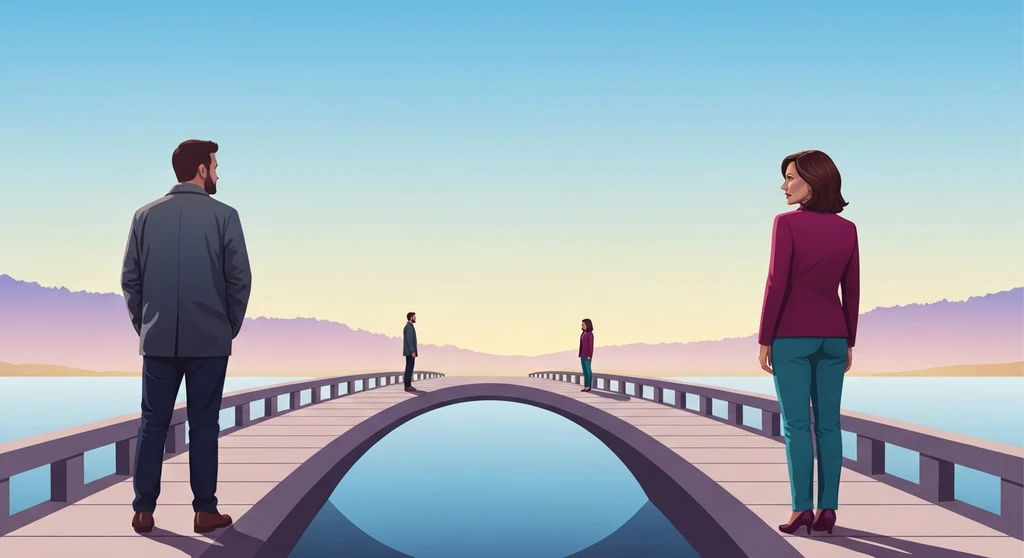 A symbolic representation of the psychology of men pulling away featuring a couple on a bridge in the mist. psychology-of-men-pulling-away-bestie-ai.webp