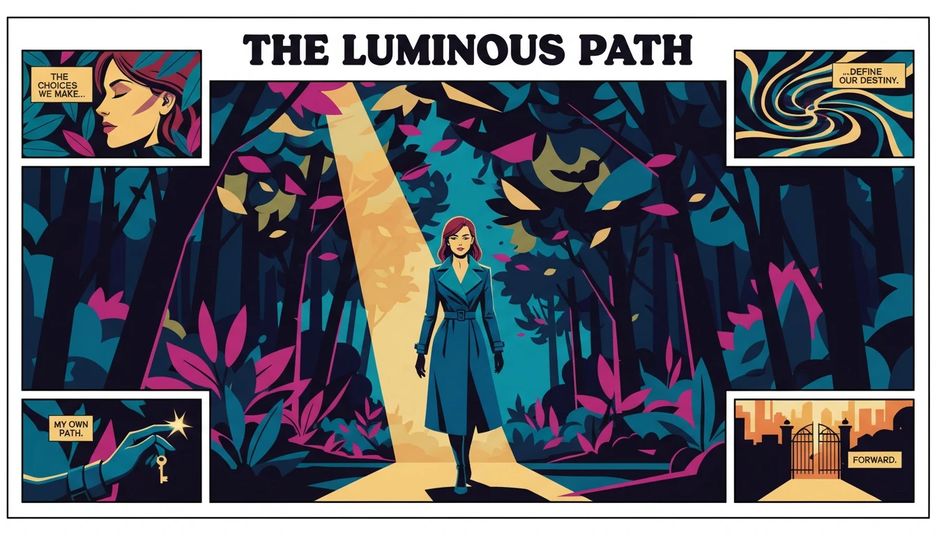 A person walking their own illuminated path in a dark forest, representing the peace that comes from understanding the psychology of nonconformity. psychology-of-nonconformity-bestie-ai.webp