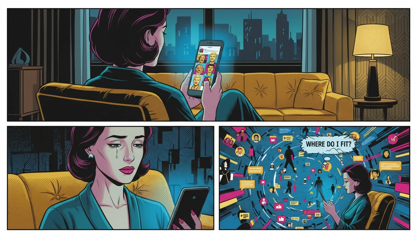 A woman studies her phone, contemplating the psychology of not posting your partner on social media after realizing she's been hidden from his online life. Filename: psychology-of-not-posting-partner-on-social-media-bestie-ai.webp