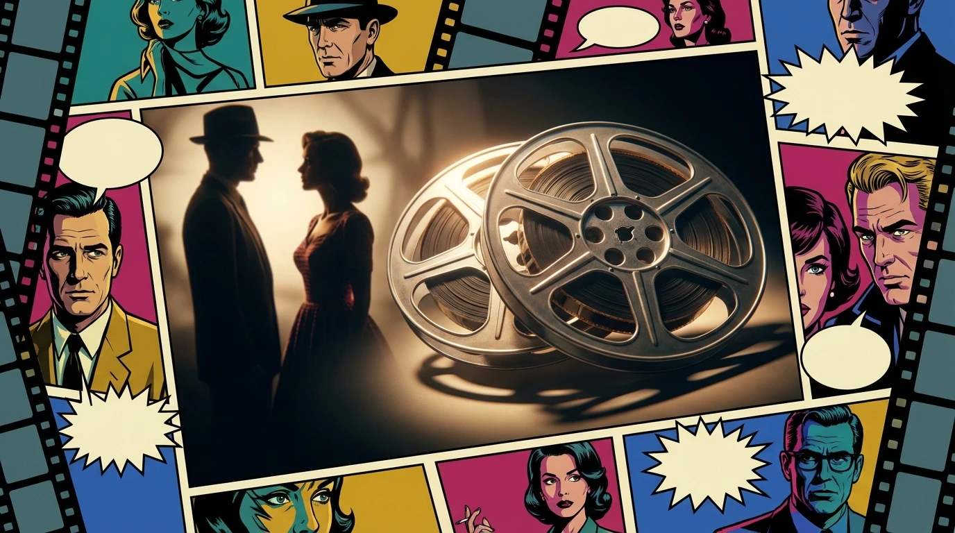 Two glowing film reels intertwined, symbolizing the manufactured nature of the psychology of on-screen chemistry. psychology-of-on-screen-chemistry-bestie-ai.webp
