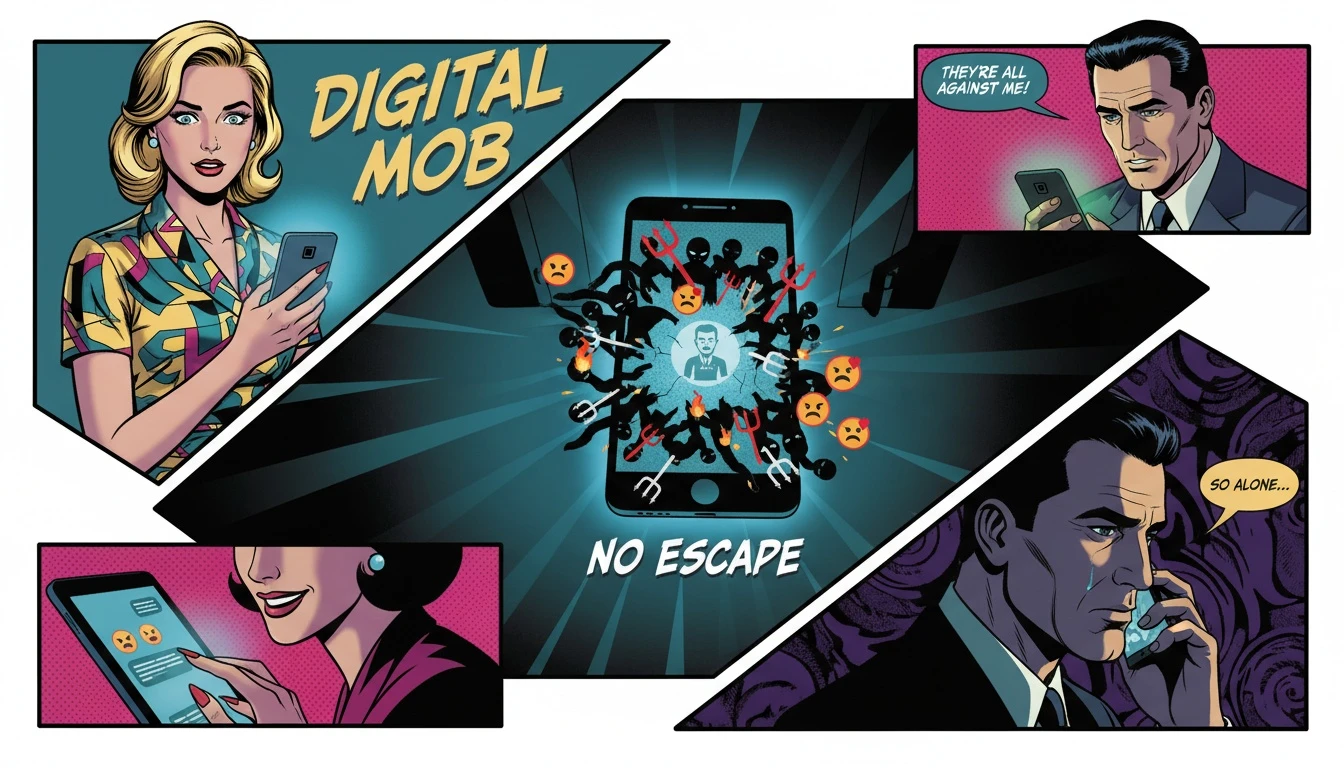 A smartphone screen illustrating the oppressive psychology of online shaming, where a mob of anonymous avatars attacks a single user. Filename: psychology-of-online-shaming-bestie-ai.webp