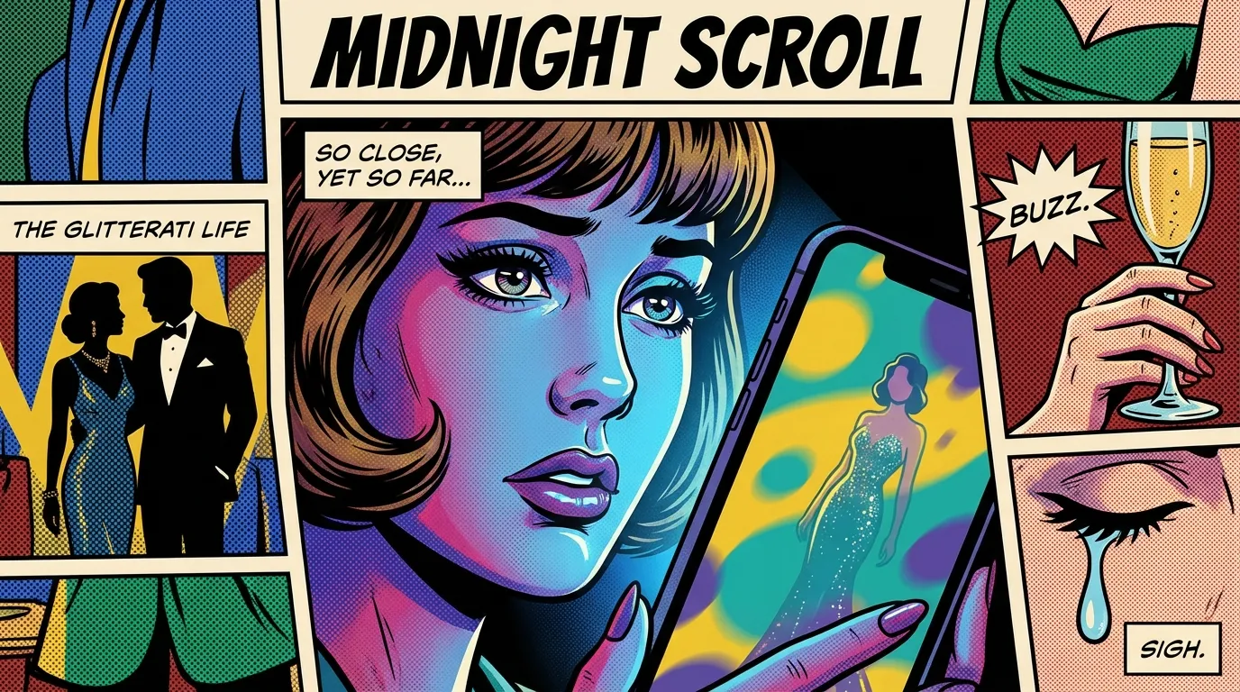 A woman looking at her phone in a dark room, illustrating the complex emotions behind the psychology of parasocial relationships in the digital age. filename: psychology-of-parasocial-relationships-bestie-ai.webp