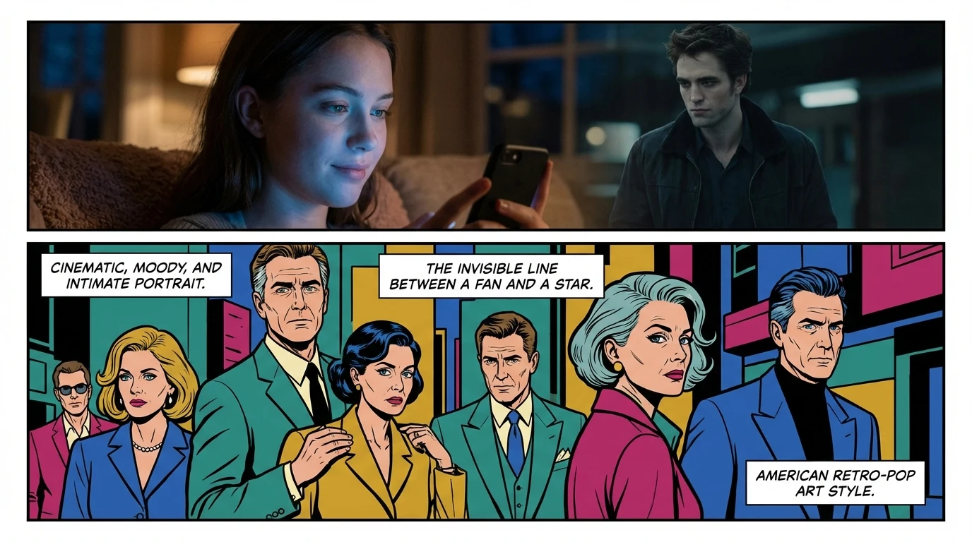 A woman reflects on the psychology of parasocial relationships with celebrities, her face lit by the glow of her phone displaying an actor's image, illustrating the internet boyfriend phenomenon. filename: `psychology-of-parasocial-relationships-with-celebrities-bestie-ai.webp`