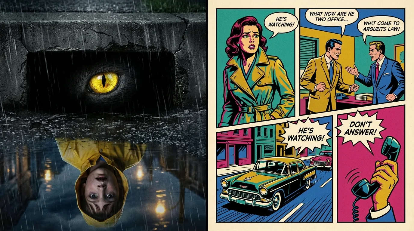 A glowing yellow eye peers from a storm drain, reflecting a scared child, illustrating the deep psychology of Pennywise character. Filename: psychology-of-pennywise-character-bestie-ai.webp