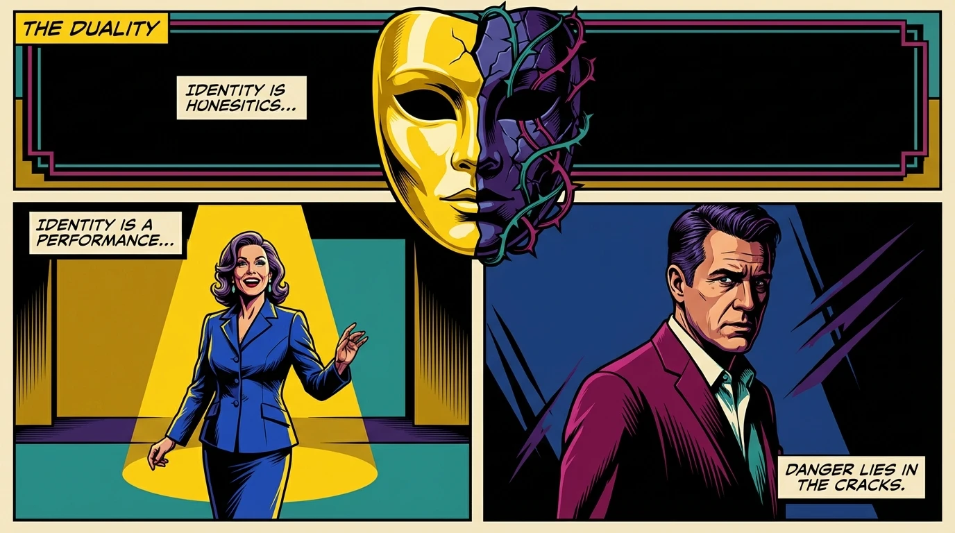 An ornate mask split in two, symbolizing the psychology of playing a villain character and the challenge of separating self from role. psychology-of-playing-a-villain-character-bestie-ai.webp