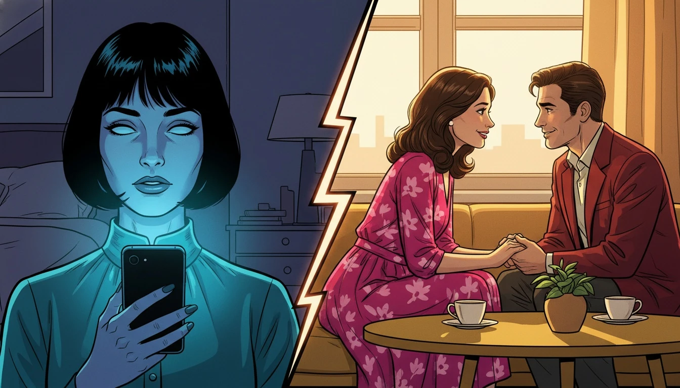 An illustration exploring the psychology of porn and relationships, showing the contrast between the isolating glow of a screen and the warm connection of a real couple. filename: psychology-of-porn-and-relationships-bestie-ai.webp