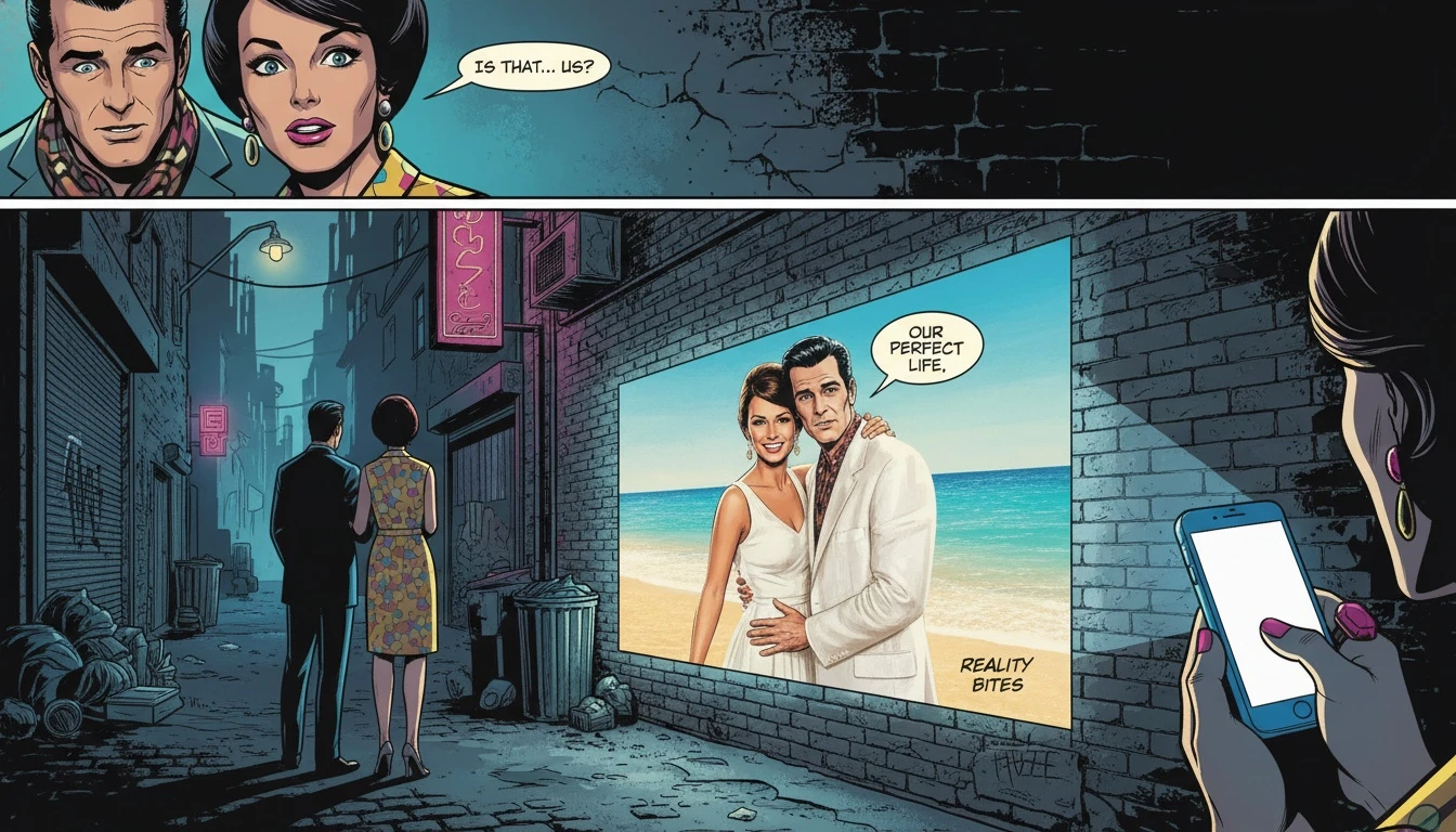 A couple observing a projected image of themselves, illustrating the complex psychology of posting your relationship on social media and the difference between reality and online perception. filename: psychology-of-posting-your-relationship-on-social-media-bestie-ai.webp