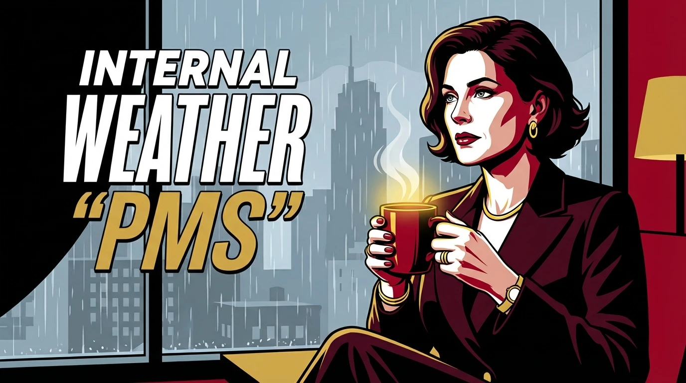 A woman finds a moment of peace while experiencing the psychology of premenstrual syndrome symptoms, holding a warm mug on a rainy day. Filename: psychology-of-premenstrual-syndrome-symptoms-bestie-ai.webp