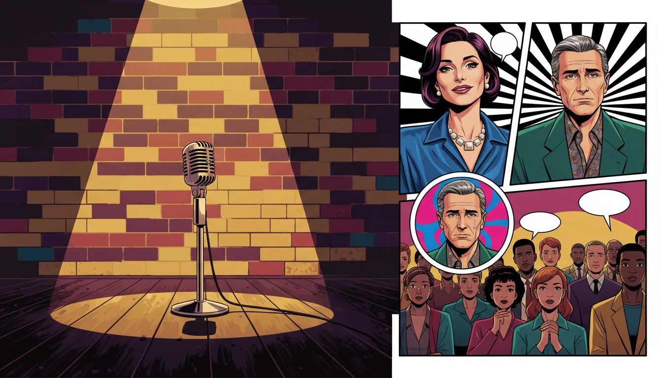 A microphone on a stage representing the profound psychology of relationship comedy and the power of sharing honest stories. Filename: psychology-of-relationship-comedy-bestie-ai.webp