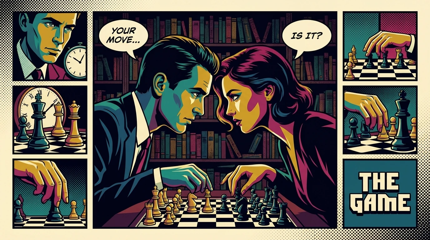 A man and a woman lean over a chessboard, their intense gaze locked on each other, illustrating the fine line in the psychology of rivalry in relationships. Filename: psychology-of-rivalry-in-relationships-bestie-ai.webp