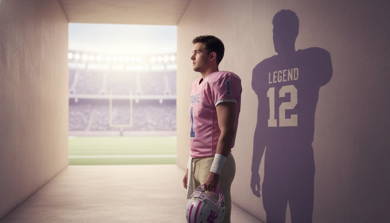 An image illustrating the psychology of rookie quarterback pressure, showing a young player in a tunnel facing the field with a veteran's shadow behind him. Filename: psychology-of-rookie-quarterback-pressure-bestie-ai.webp