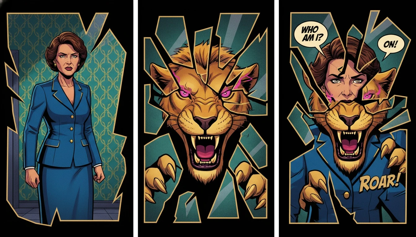 A woman looking into a broken mirror, seeing a lioness as her reflection, symbolizing the psychology of self promotion and overcoming imposter syndrome. Filename: psychology-of-self-promotion-bestie-ai.webp