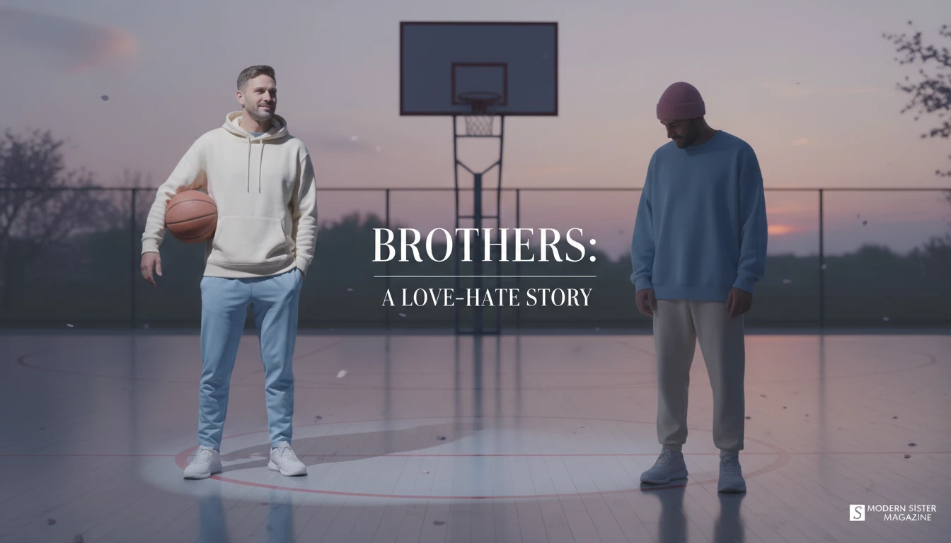 An artistic depiction of two brothers on a basketball court, illustrating the complex psychology of sibling rivalry in adults through light and shadow. filename: psychology-of-sibling-rivalry-in-adults-bestie-ai.webp