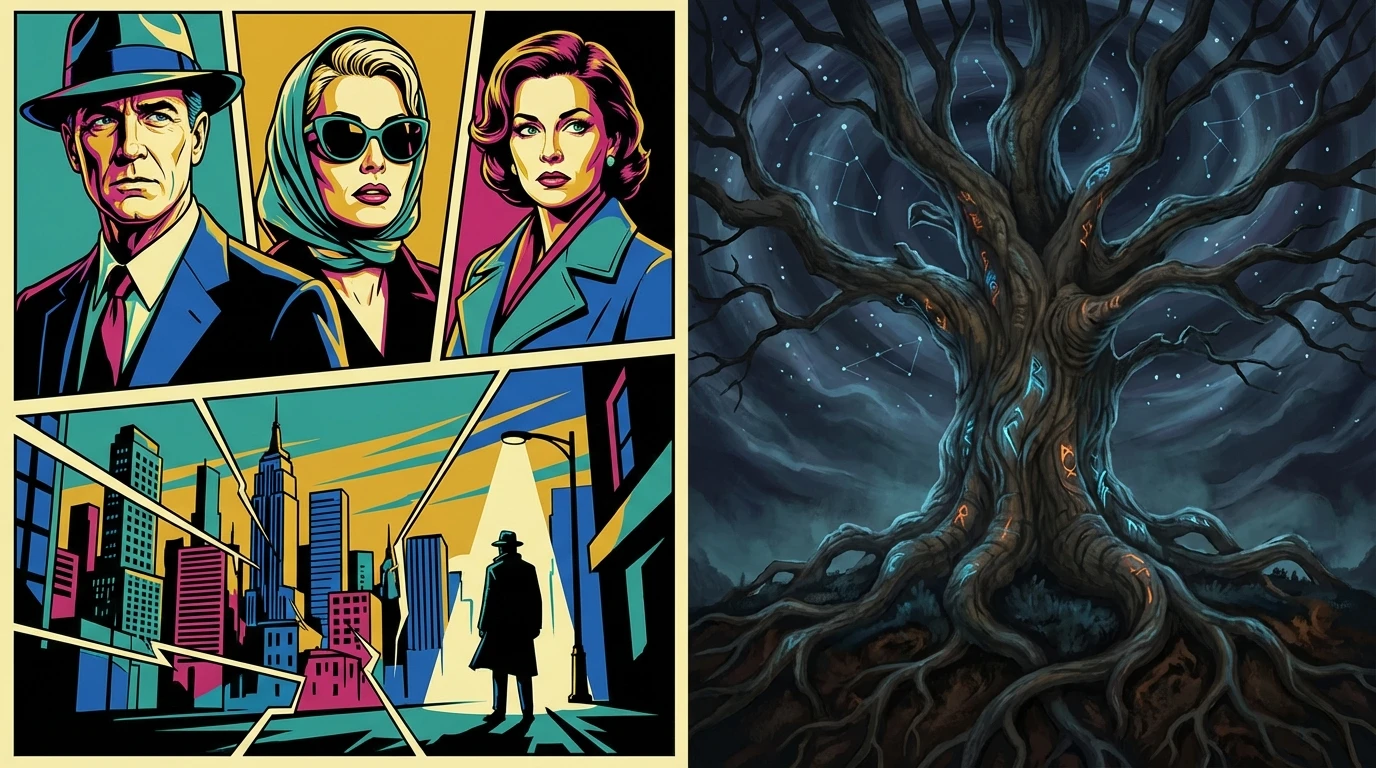 An epic fantasy-style image of a massive family tree with glowing roots, symbolizing the deep-seated factors behind the psychology of Skarsgård family appeal. File: psychology-of-skarsgard-family-appeal-bestie-ai.webp