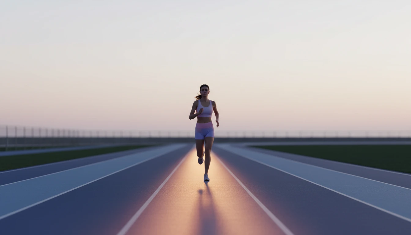 A lone athlete running on an illuminated track, symbolizing the psychology of social comparison in athletes and the importance of focusing on one's own journey. Filename: psychology-of-social-comparison-in-athletes-bestie-ai.webp