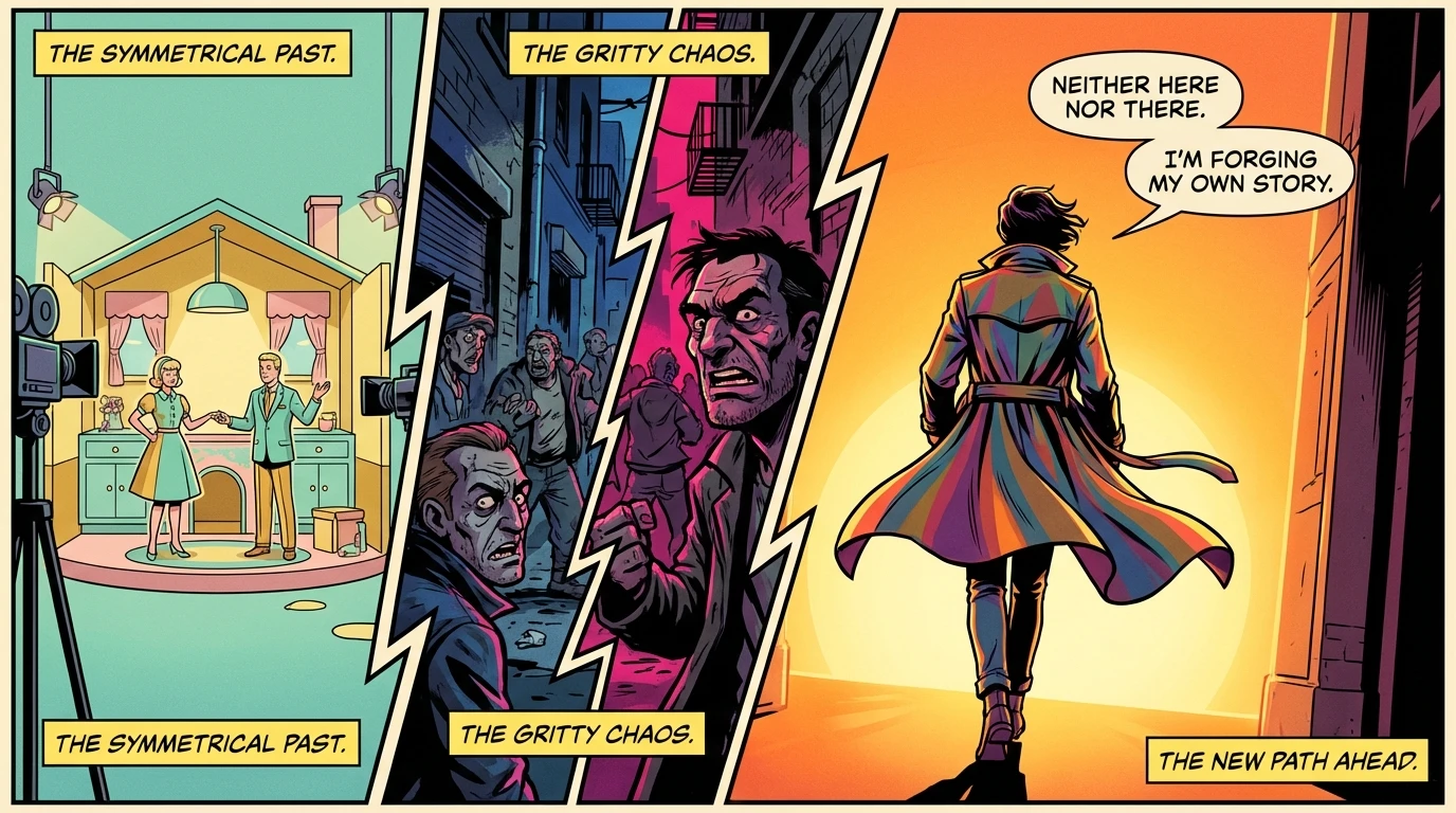 An artistic representation of the psychology of social comparison, showing two contrasting film styles with a person choosing their own unique path forward, for an article titled psychology-of-social-comparison-bestie-ai.webp.