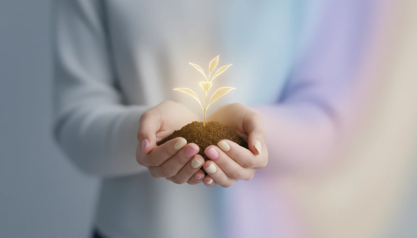 Two hands representing the psychology of successful co-parenting, protecting a small plant that symbolizes a child's well-being after divorce. psychology-of-successful-co-parenting-bestie-ai.webp