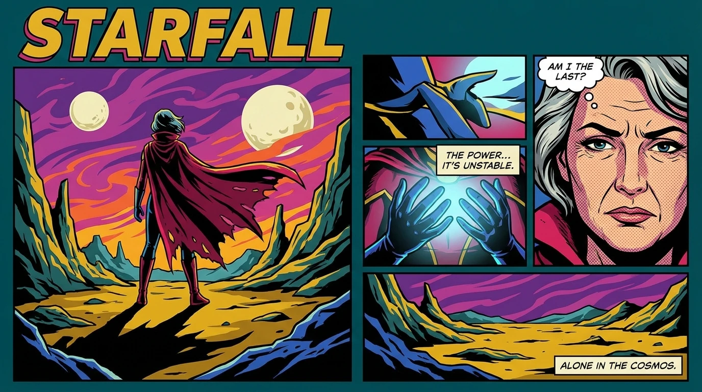 A thoughtful depiction of the psychology of Supergirl Woman of Tomorrow, showing the hero in a moment of quiet reflection on a desolate alien world, contemplating her power and trauma. filename: psychology-of-supergirl-woman-of-tomorrow-bestie-ai.webp