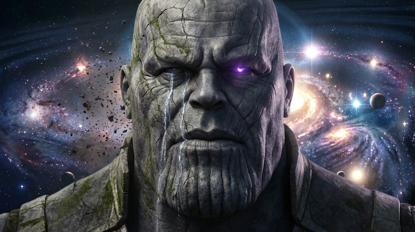 A symbolic image exploring the psychology of Thanos Josh Brolin, showing a cracked, sorrowful face contrasted with a determined, powerful one, representing his moral dilemma. Filename: psychology-of-thanos-josh-brolin-bestie-ai.webp