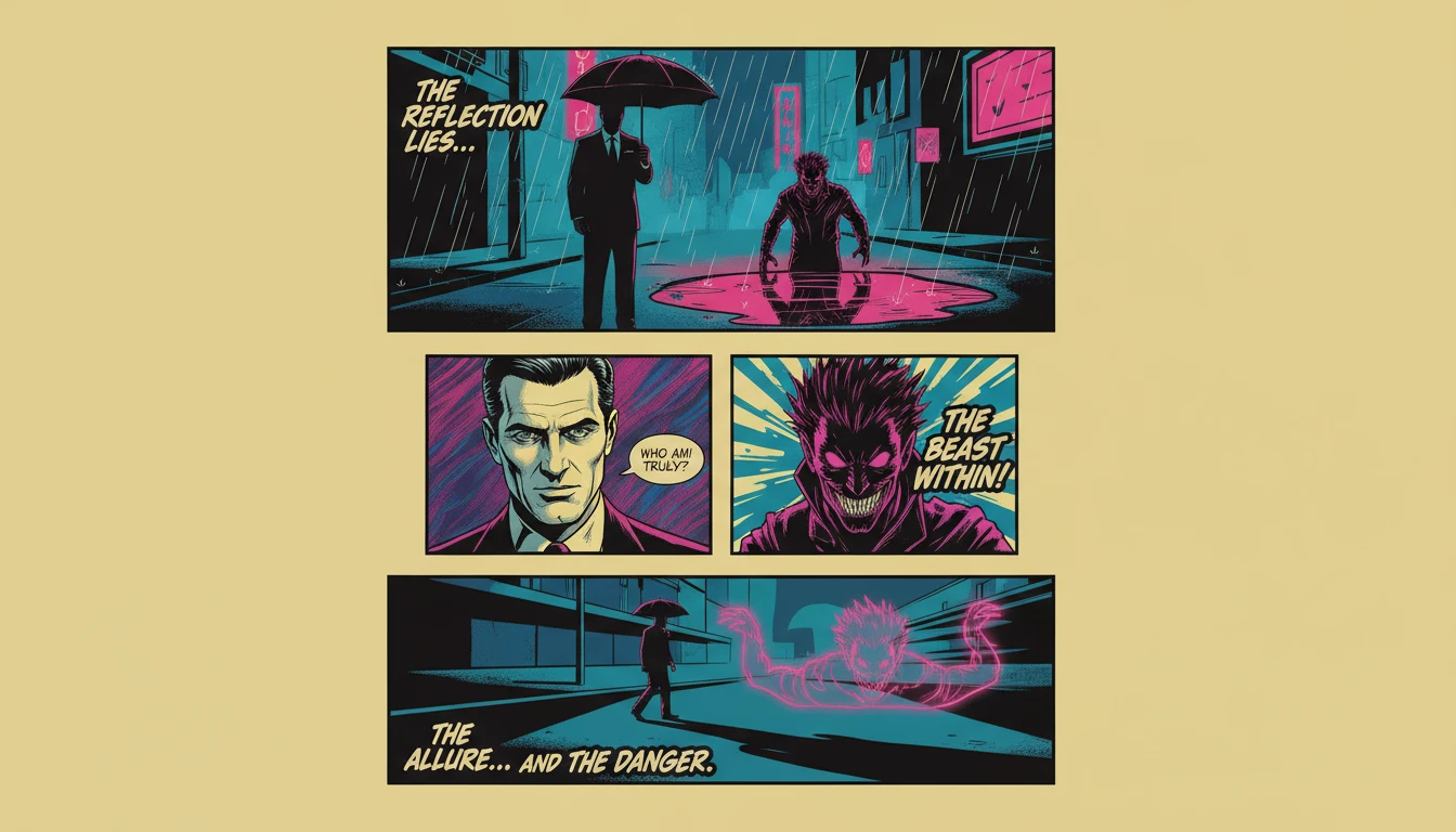 An image exploring the psychology of the bad boy archetype, showing a well-dressed man whose reflection reveals a more dangerous, wild side. Filename: psychology-of-the-bad-boy-archetype-bestie-ai.webp