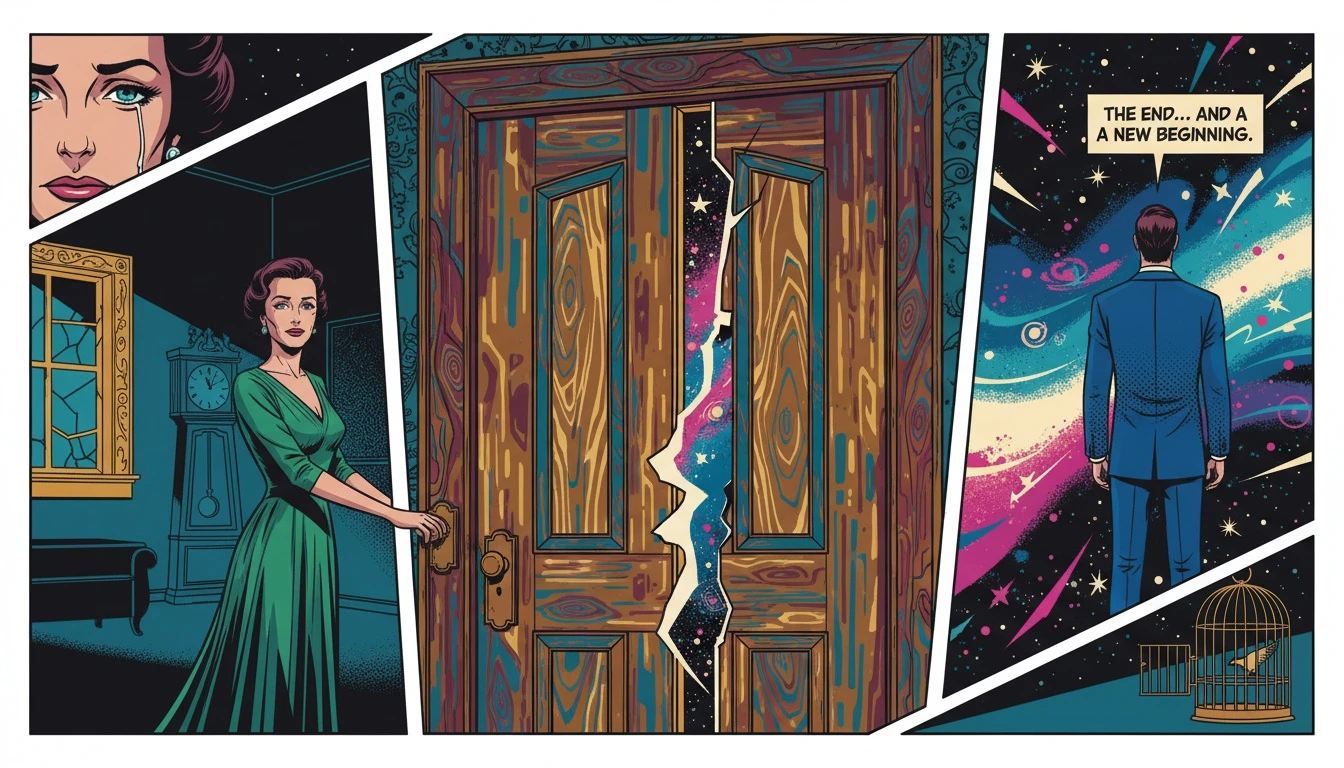 A heavy wooden door closing, revealing a peaceful cosmos, symbolizing the finality and emotional self-preservation behind the psychology of the INFJ door slam. Filename: psychology-of-the-infj-door-slam-bestie-ai.webp