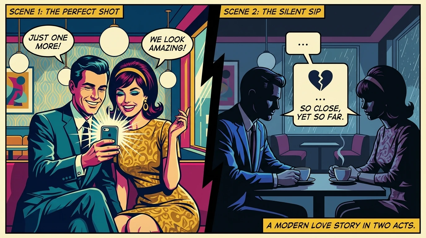 A split-image illustrating public vs private relationship problems. The left side shows a couple's happy public selfie; the right reveals their lonely private reality. Filename: public-vs-private-relationship-problems-bestie-ai.webp