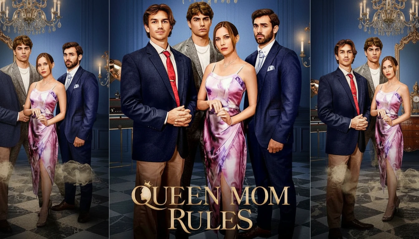 A powerful image of Athena Sterling from Queen Mom Rules, looking triumphant with her three successful sons by her side, signifying her comeback.