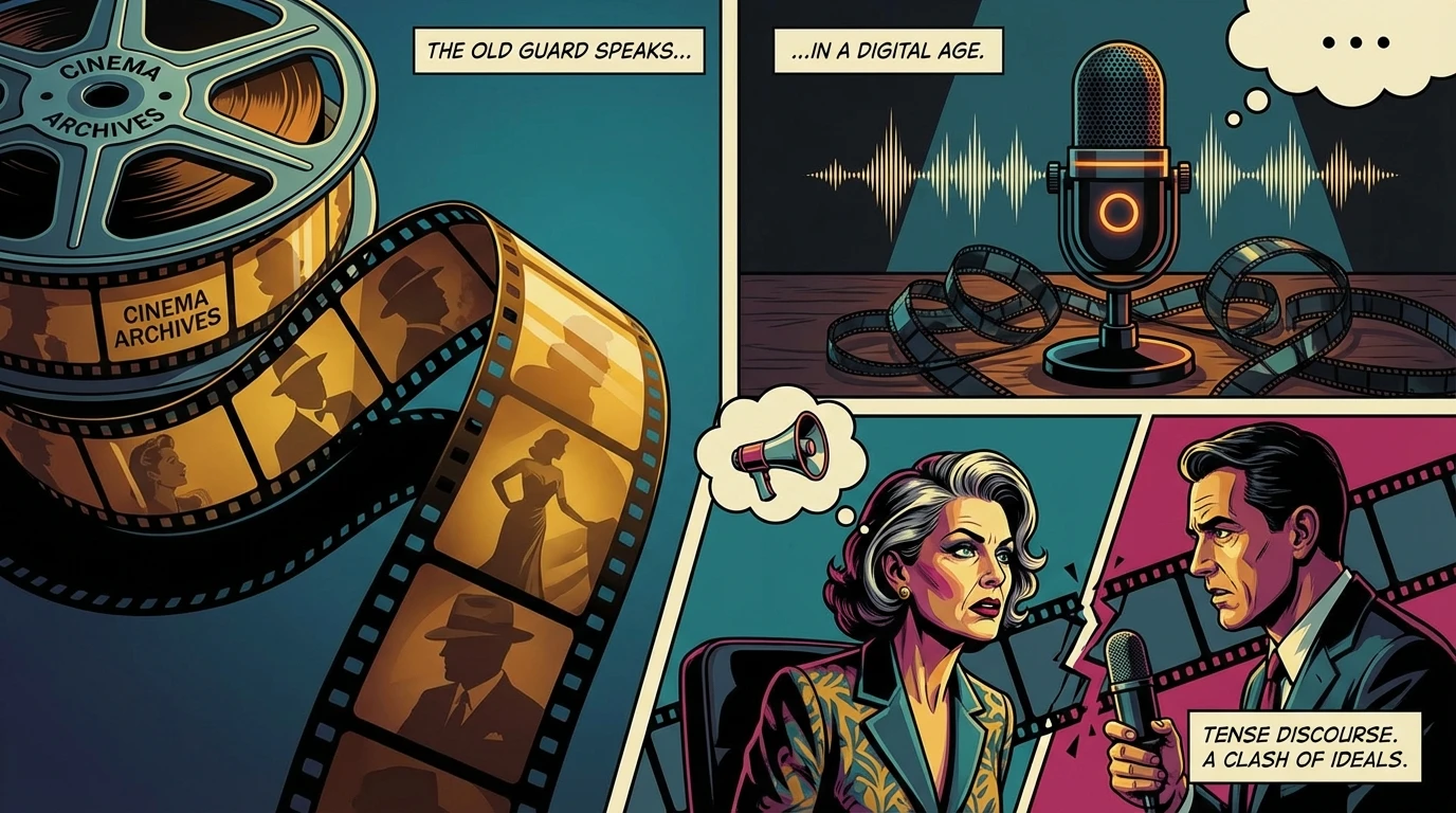 A vintage film reel unspooling onto a modern podcast microphone, a powerful visual metaphor for the Quentin Tarantino Paul Dano controversy and the debate between classic cinema and contemporary acting. Filename: quentin-tarantino-paul-dano-controversy-bestie-ai.webp