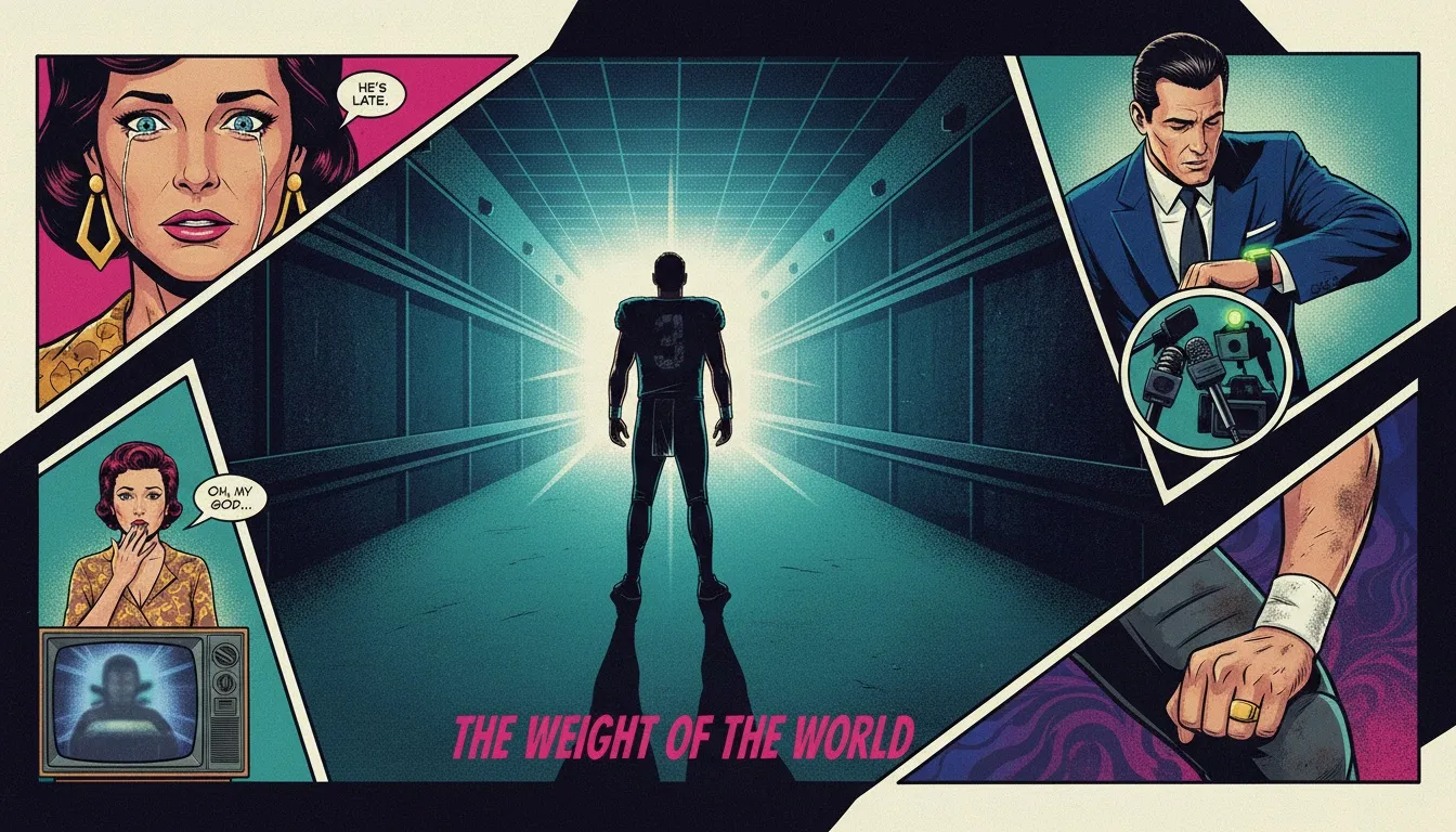 A powerful image illustrating the leadership qualities of Quinn Ewers, showing a quarterback facing the pressure of a press conference after a game, symbolizing handling defeat gracefully. quinn-ewers-leadership-qualities-bestie-ai.webp