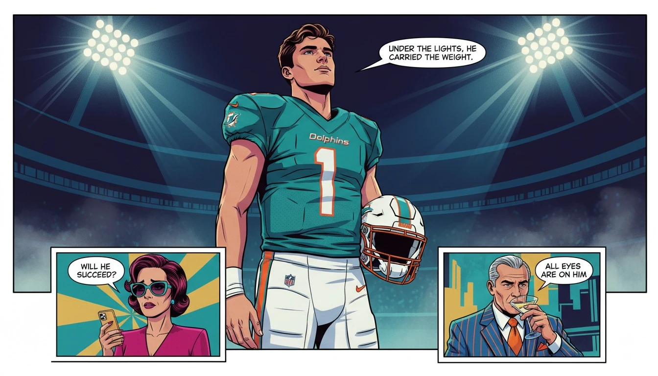 A focused profile of Miami Dolphins quarterback Quinn Ewers, contemplating the field under stadium lights, highlighting the pressure and potential of his career. quinn-ewers-bestie-ai.webp