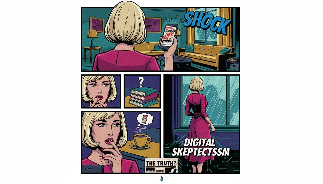 A person thoughtfully holding a phone displaying a shocking headline, illustrating the need to verify news like the Rachael Carpani cause of death hoax. Filename: rachael-carpani-cause-of-death-bestie-ai.webp