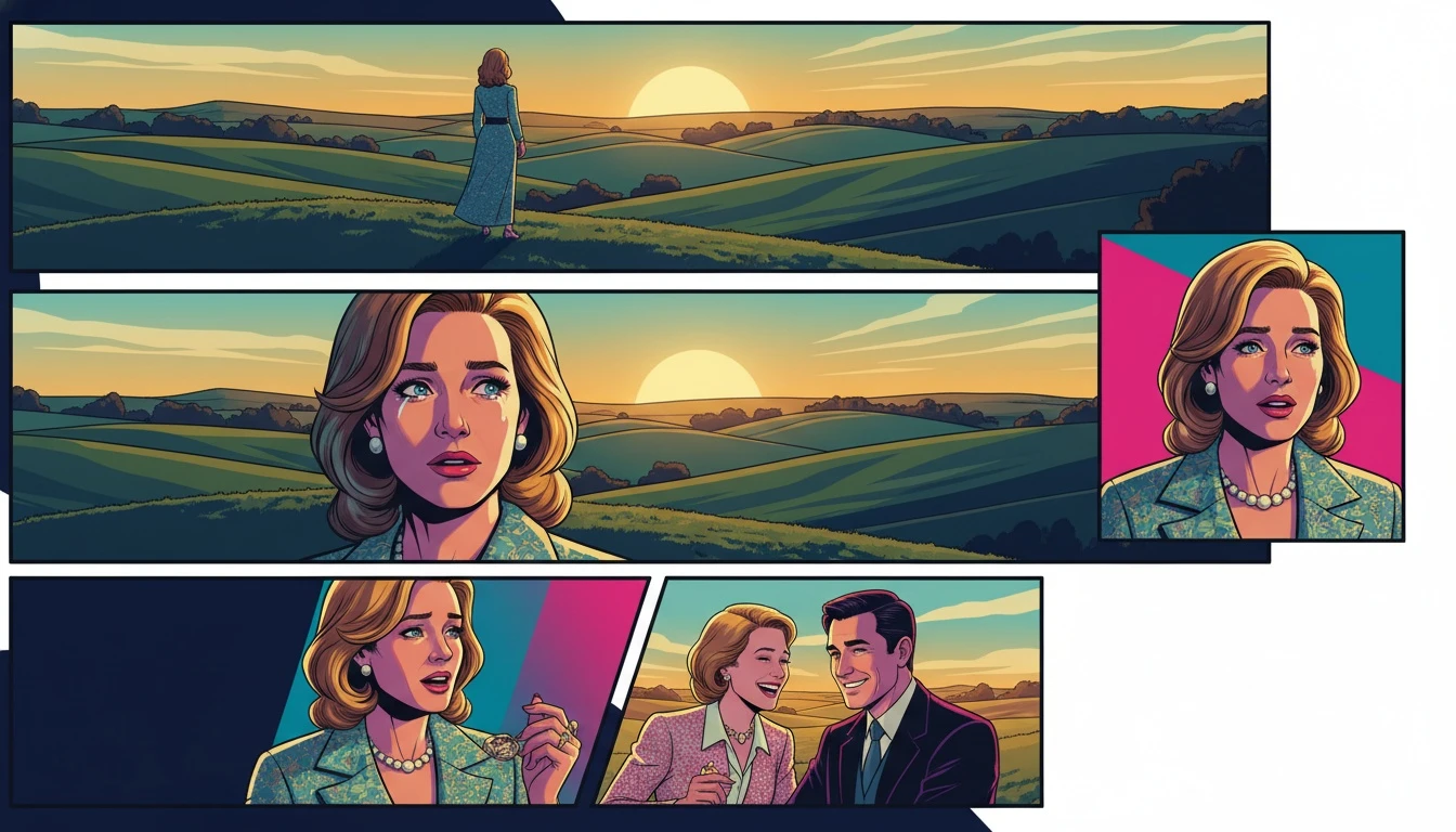 An image celebrating the enduring legacy of Rachael Carpani as Jodi Fountain, showing a woman overlooking the rolling hills of Drover's Run at sunset. Filename: rachael-carpani-as-jodi-fountain-bestie-ai.webp