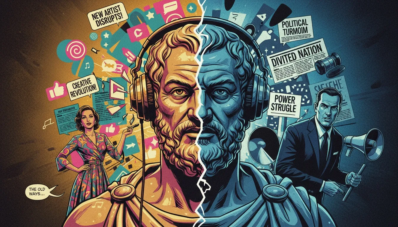 A symbolic image about rappers supporting conservative politics, showing a classical statue with headphones cracked between creative art and stark politics. Filename: rappers-supporting-conservative-politics-bestie-ai.webp