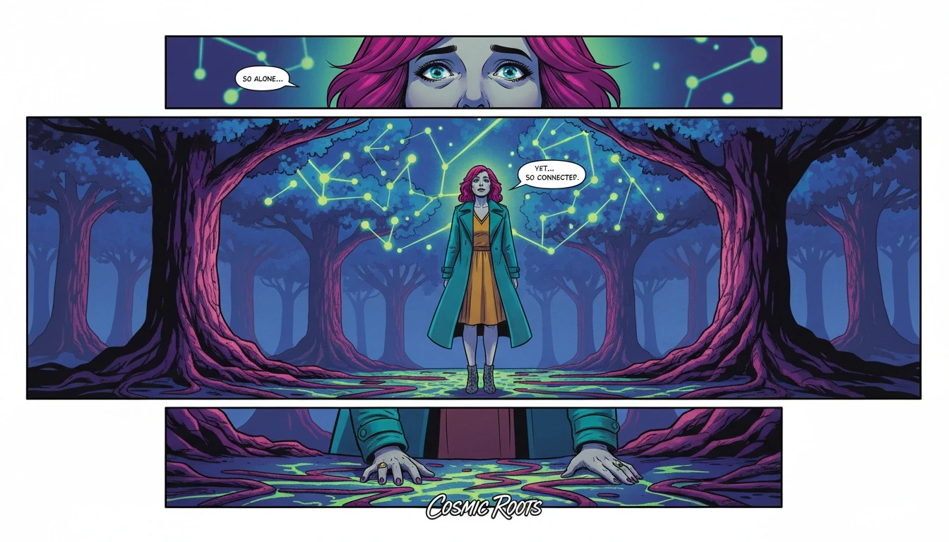 A symbolic representation of the rarest mbti personality type, the INFJ, showing a person connected to both the cosmos and the deep earth, illustrating their intuitive nature. Filename: rarest-mbti-personality-type-infj-bestie-ai.webp