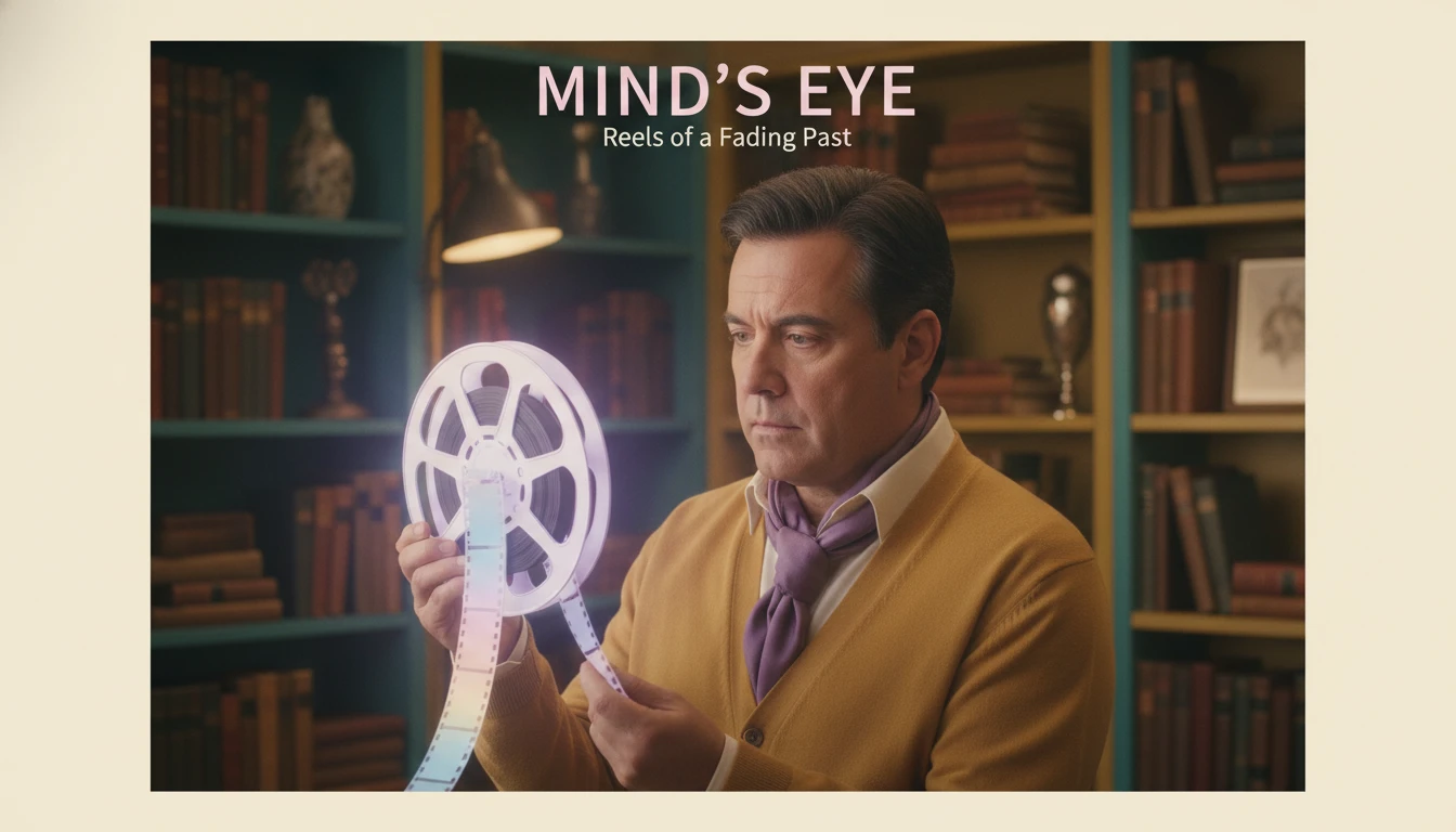 A symbolic image representing the Mandela Effect, showing a man contemplating a blurry film reel, exploring the confusion around Ray Romano in The French Dispatch. ray-romano-the-french-dispatch-mandela-effect-bestie-ai.webp