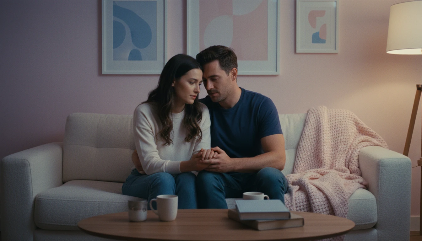 A depiction of quiet strength, representing how Ray Romano supported his wife Anna through her cancer battle, showing a couple holding hands in a private moment. Filename: ray-romano-wife-anna-cancer-bestie-ai.webp