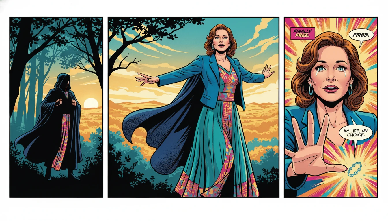 A symbolic image representing the process of recovering from a high control group, showing a person leaving a dark forest for a bright field. Filename: recovering-from-a-high-control-group-bestie-ai.webp