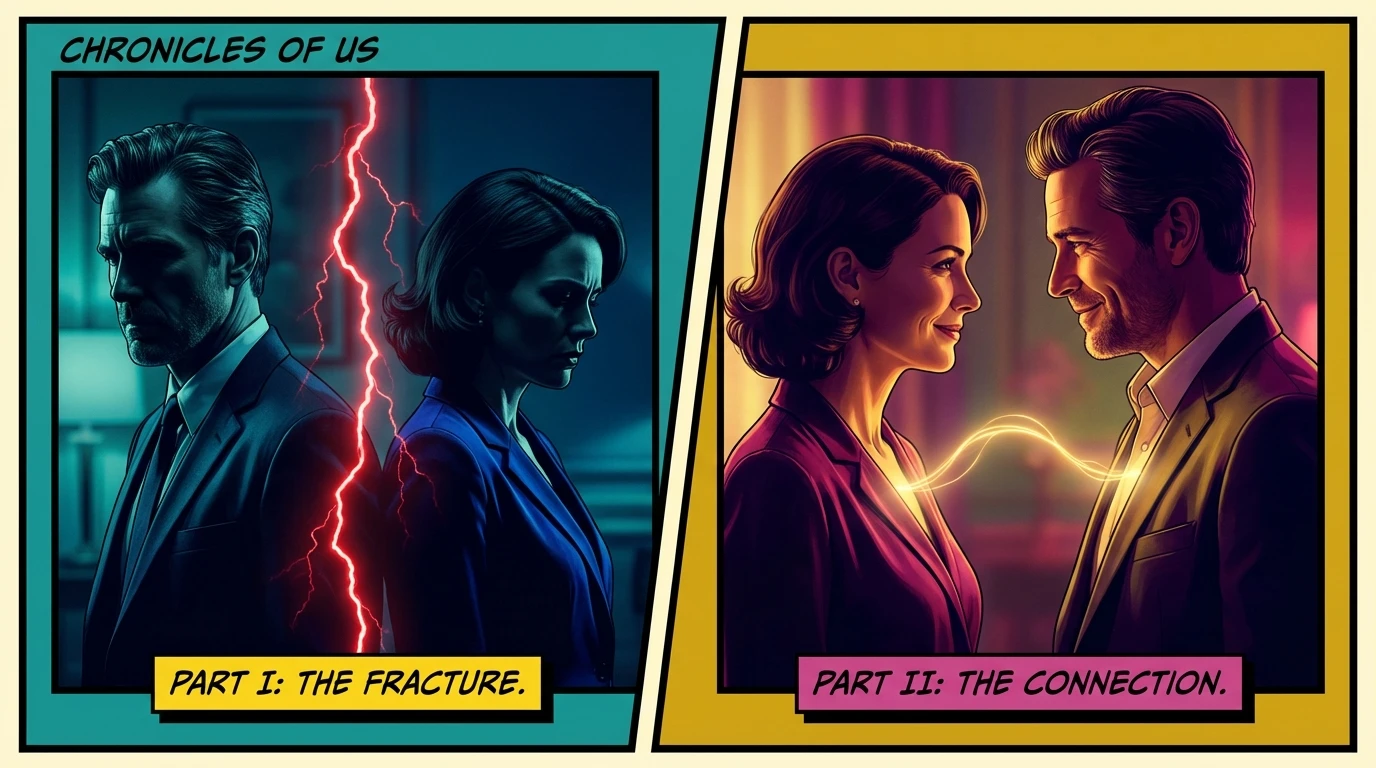 An illustration showing how reflective listening techniques in relationships transform a jagged line of conflict into a glowing thread of connection. Filename: reflective-listening-techniques-in-relationships-bestie-ai.webp