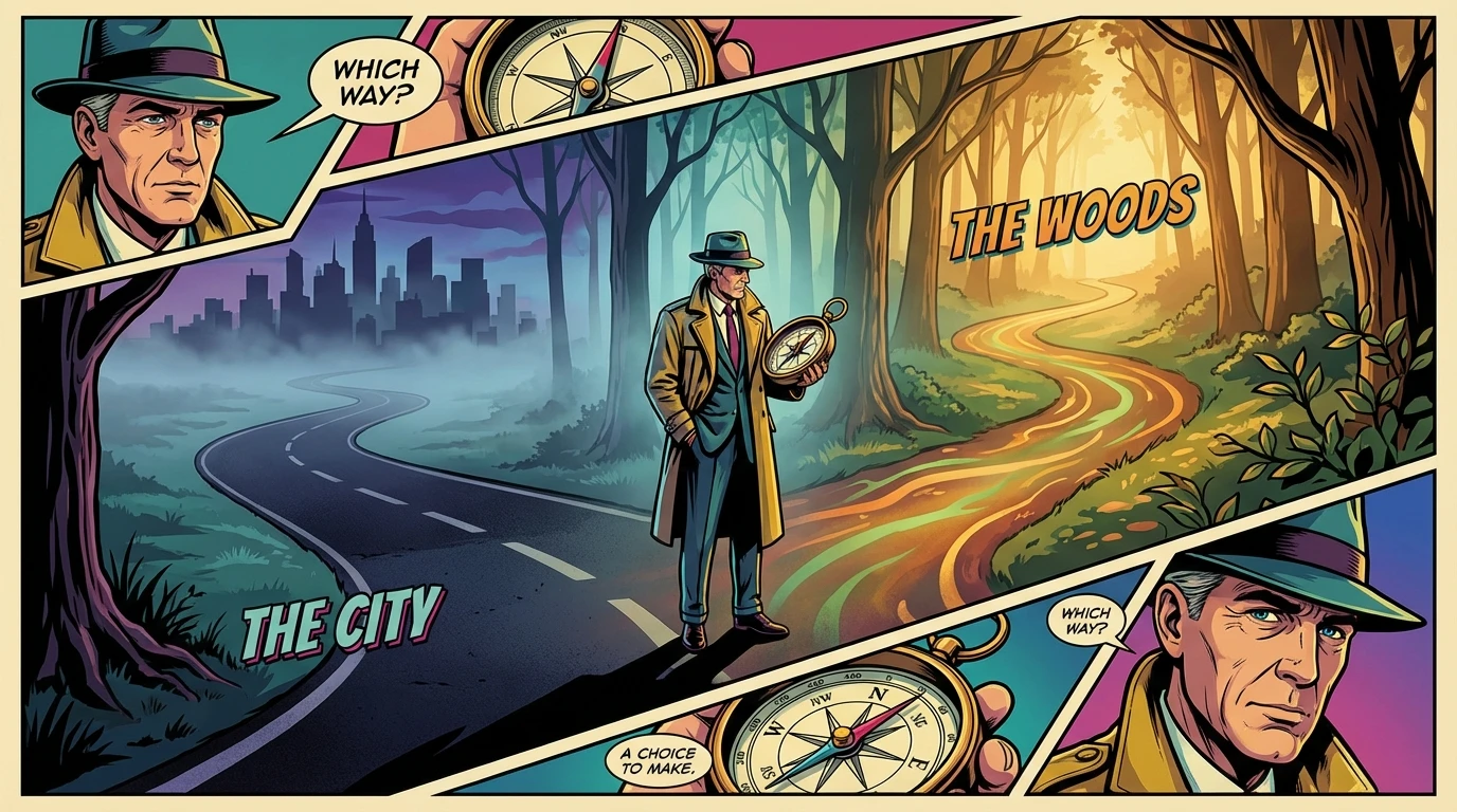 A person using a compass to engage in reflective practice for career development, choosing between a foggy city path and a sunlit forest trail. Filename: reflective-practice-for-career-development-bestie-ai.webp