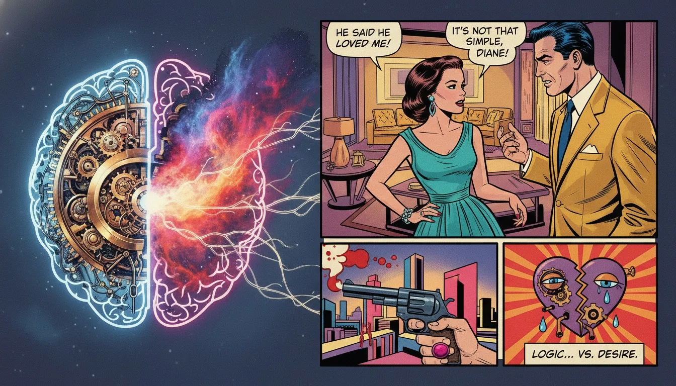 An illustration showing the deep relationship between thoughts and emotions, depicted as an interconnected logical brain and a colorful emotional nebula. filename: relationship-between-thoughts-and-emotions-bestie-ai.webp